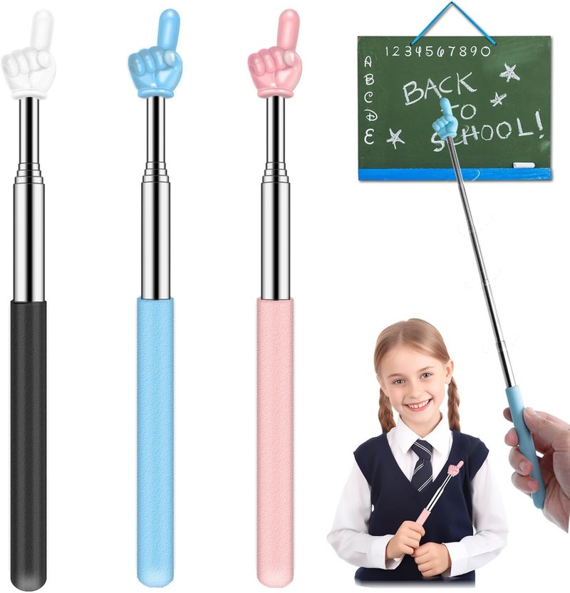 Dumero Retractable Teacher Pointer for Classroom Kids Reading, Extendable Finger Pointer Stick for School, Collapsible Finger Pointing Stick, Long Telescoping Hand Pointer, -3 Pack: Black, Blue, Pink - Image 1